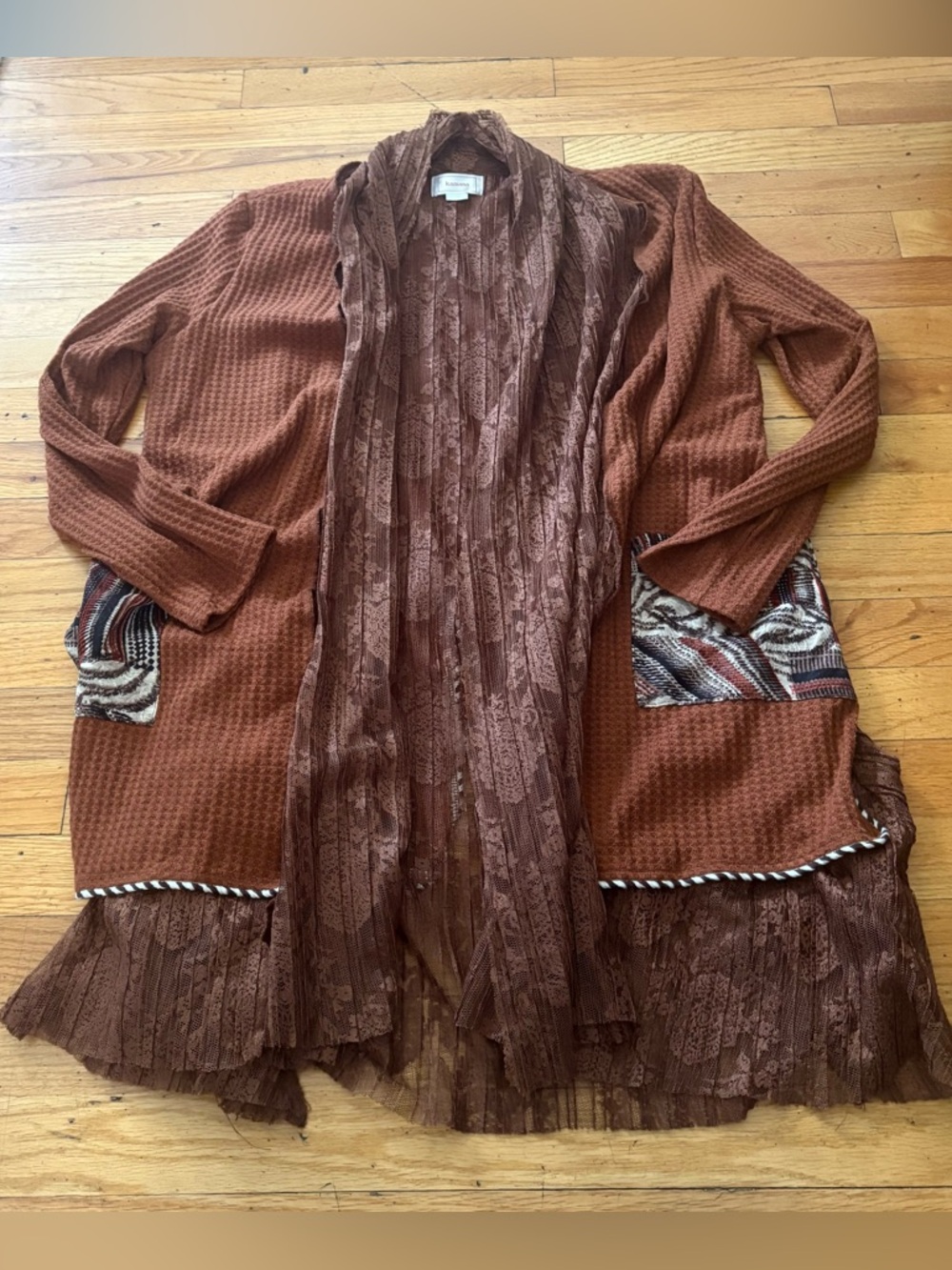 Boho Lagenlook Mixed Fabric Lace Trim  Cardigan Pockets Size Medium